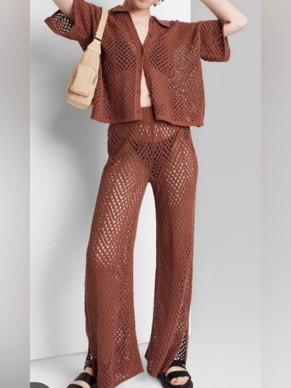 wild fable Rust Crochet Collared Button Cardigan Set